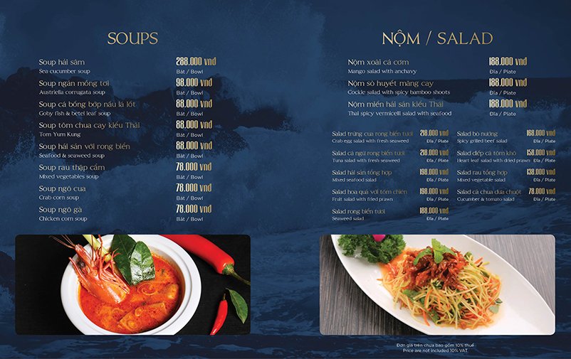 Khai vị thực đơn nhà hàng Hải Sản Phố với các món soups, salad