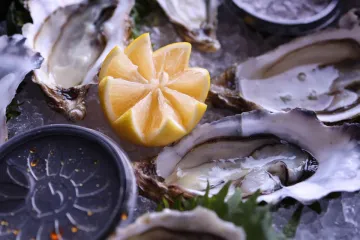 Hàu tươi trên đá với chanh